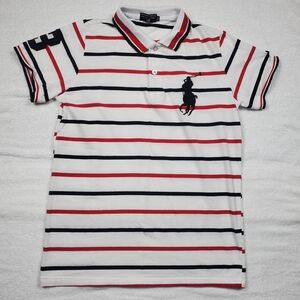 VTG Polo Jeans Co Ralph Lauren White Red Black Stripe Polo Shirt Big Pony 3 SS